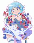  1girl :d anemone_(flower) arm_support armpit_peek bare_shoulders belt blue_eyes blue_hair blue_skirt blush breasts cape cleavage cowboy_shot detached_sleeves dot_nose eyebrows_visible_through_hair floating_hair flower fortissimo fortissimo_hair_ornament frills gloves grey_background hair_between_eyes hair_ornament hairclip happy leaf looking_away mahou_shoujo_madoka_magica mesushirindaa miki_sayaka open_mouth outline pink_flower pink_outline pleated_skirt purple_flower red_flower shaded_face shiny shiny_hair short_hair shoulder_blush simple_background skirt small_breasts smile solo strapless sword thighhighs underboob weapon white_cape white_flower white_gloves white_legwear zettai_ryouiki 