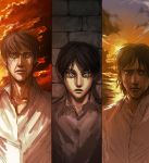  3boys absurdres age_difference beard black_hair brown_hair chiruchiru cloud collared_shirt dress_shirt eren_kruger eren_yeager facial_hair facial_mark facial_scar grey_eyes grisha_yeager highres looking_at_viewer multiple_boys scar shingeki_no_kyojin shirt short_hair silver_eyes sun sunrise sunset 