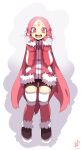  1girl absurdres bike_shorts coat dated full_body galaxy! highres long_hair looking_at_viewer mittens open_mouth pink_eyes pink_hair red_legwear rera-terra rtari signature smile solo thighhighs very_long_hair 