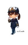  1girl brown_eyes brown_hair fukazaki gloves hat japan_self-defense_force kaga_(jmsdf) kaga_(kantai_collection) kantai_collection military military_uniform salute side_ponytail simple_background solo uniform white_background 