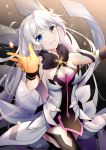  1girl asymmetrical_sleeves bangs black_legwear blue_eyes breasts cleavage detached_sleeves dress eyebrows_visible_through_hair floating_hair gloves gou_lianlian_dogface grin hair_between_eyes highres honkai_(series) honkai_impact_3rd kiana_kaslana_(herrscher_of_the_void) long_hair looking_at_viewer medium_breasts silver_hair sleeveless sleeveless_dress smile solo thighhighs very_long_hair yellow_gloves 