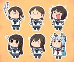  ... 6+girls :&gt; :3 :d bangs black_legwear blue_hair blue_neckwear blue_ribbon blue_sailor_collar blue_skirt blunt_bangs bow braid brown_hair chibi expressionless fang flying_sweatdrops fubuki_(kantai_collection) hair_bow hair_ribbon hatsuyuki_(kantai_collection) headgear hime_cut isonami_(kantai_collection) jitome kantai_collection long_hair miyuki_(kantai_collection) multiple_girls murakumo_(kantai_collection) neck_ribbon necktie open_mouth outline pantyhose pleated_skirt ponytail rariatto_(ganguri) red_bow red_eyes red_neckwear red_ribbon ribbon sailor_collar school_uniform serafuku shirayuki_(kantai_collection) shirt short_hair simple_background skirt smile smug socks spoken_ellipsis twin_braids very_long_hair white_outline white_shirt yellow_background 