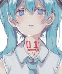  1girl aqua_hair bangs blue_eyes blue_neckwear blush body_writing collared_shirt dated hair_between_eyes hair_ornament hatsune_miku heremia long_hair necktie parted_lips shirt sidelocks simple_background sleeveless sleeveless_shirt solo twintails upper_body upper_teeth vocaloid white_background white_shirt 