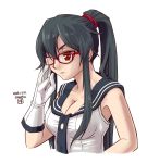  1girl adjusting_eyewear bangs black_hair breasts cleavage closed_mouth dated glasses gloves hair_between_eyes hand_up highres joshua2368 kantai_collection large_breasts long_hair ponytail red-framed_eyewear red_eyes shirt signature simple_background sleeveless sleeveless_shirt solo upper_body very_long_hair white_background white_gloves white_shirt yahagi_(kantai_collection) 