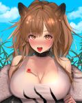  1girl absurdres animal_ears arknights blue_sky blush breasts brown_eyes brown_hair candy cleavage collar commentary_request food food_on_breasts highres large_breasts lion_ears lollipop long_sleeves looking_at_viewer nose_blush off_shoulder open_mouth outdoors shirt siege_(arknights) sky solo tongue tongue_out upper_body vividyume white_shirt 