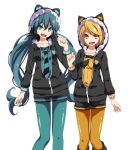  2girls :d animal_ears animal_hood black_cardigan black_shorts blonde_hair blue_eyes blue_hair blue_legwear blue_nails blue_shirt cat_ears collarbone fake_animal_ears floating_hair green_ponpoko_(module) hatsune_miku highres hood hood_up hooded_cardigan kagamine_rin kunoichi_demo_koi_ga_shitai_(vocaloid) legwear_under_shorts long_hair long_sleeves looking_at_viewer multiple_girls nail_polish neckerchief necktie open_mouth orange_konkon_(module) pantyhose shiny shiny_hair shiny_legwear shirt short_hair short_shorts shorts smile standing striped striped_neckwear thigh_gap tsukishiro_saika very_long_hair vocaloid yellow_eyes yellow_legwear yellow_nails yellow_shirt 