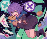  1girl bernadetta_von_varley bike_shorts boots fire_emblem fire_emblem:_three_houses full_body garreg_mach_monastery_uniform grey_eyes highres holding holding_stuffed_animal hood hood_down knee_boots long_sleeves momo_moku needle open_mouth paintbrush purple_hair scissors sewing_needle short_hair solo stuffed_animal stuffed_toy tearing_up teddy_bear twitter_username uniform 