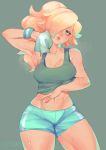  1girl absurdres arm_up bare_shoulders blonde_hair blue_eyes breasts cleavage collarbone eyebrows_visible_through_hair green_background hair_over_one_eye highres long_hair mario_(series) mitsooru navel parted_lips ponytail rosalina signature simple_background solo steam super_mario_bros. sweat towel wiping wiping_sweat wristband 