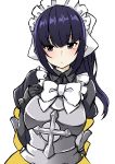  1girl absurdres armor artist_request bangs black_eyes black_hair blue_eyes blunt_bangs blush bow breasts dress gloves highres long_hair looking_at_viewer maid maid_headdress medium_breasts narberal_gamma overlord_(maruyama) ponytail simple_background solo white_background 