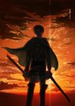  1boy absurdres ascot belt black_eyes black_hair boots cape chiruchiru cloud dual_wielding highres holding holding_sword holding_weapon jacket levi_(shingeki_no_kyojin) looking_at_viewer male_focus paradis_military_uniform reverse_grip shingeki_no_kyojin short_hair sky solo sunset sword thigh_strap three-dimensional_maneuver_gear undercut weapon wire 