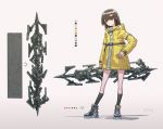  1girl black_hair black_legwear hair_ornament hand_on_hip highres holding holding_weapon jacket kneehighs long_hair pixiv_fantasia pixiv_fantasia_age_of_starlight shoes si_(ruanmumu) simple_background smile sneakers weapon white_background yellow_eyes yellow_jacket 