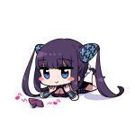  1girl bangs bare_shoulders black_dress blue_eyes blunt_bangs blush_stickers breasts cellphone chan_co chibi china_dress chinese_clothes cleavage closed_mouth detached_sleeves dress fate/grand_order fate_(series) feet_up hair_ornament large_breasts long_hair lying musical_note on_stomach phone purple_hair short_dress side_slit sidelocks simple_background smile solo twintails very_long_hair white_background yang_guifei_(fate/grand_order) 
