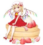  1girl :3 ankle_socks arm_up blonde_hair blush commentary_request eyebrows_visible_through_hair flandre_scarlet flower food food_themed_hair_ornament fork fruit hair_between_eyes hair_ornament hairclip hand_on_lap hat hat_flower hat_ribbon high_heels highres holding holding_fork ice_cream light_smile looking_at_viewer medium_hair minigirl mob_cap nyanyanoruru pancake partial_commentary petticoat pointy_ears puffy_short_sleeves puffy_sleeves red_eyes red_footwear red_skirt red_vest ribbon shirt short_sleeves simple_background single_drill sitting sitting_on_food skirt skirt_hold skirt_set solo strawberry strawberry_blossoms strawberry_hair_ornament touhou vest white_background white_headwear white_legwear white_shirt wings wrist_cuffs yellow_neckwear 