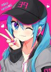  1girl 39 artist_name baseball_cap blue_eyes blue_hair character_name earbuds earphones hat hatsune_miku hazuki_natsu highres jacket long_hair nail_polish one_eye_closed pink_background pink_nails solo twintails upper_body vocaloid 