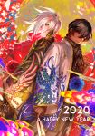  2020 2boys arjuna_(fate/grand_order) back-to-back black_hair dark_skin dark_skinned_male egawa_akira fate/grand_order fate_(series) hagoita haori happy_new_year highres japanese_clothes karna_(fate) kimono looking_at_viewer male_focus multiple_boys new_year paddle pale_skin scarf white_hair 