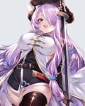  40_(0f0urw) absurdres black_gloves breasts demon_horns draph gloves granblue_fantasy hair_over_one_eye highres horns large_breasts lavender_hair low_tied_hair narmaya_(granblue_fantasy) pointy_ears shorts sword thighhighs weapon 