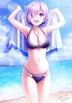  1girl absurdres alternate_costume artist_name beach bikini blush breasts cleavage collarbone commentary_request dated day fate/grand_order fate_(series) hair_over_one_eye highres holding holding_jacket jacket jewelry karaage_bou large_breasts mash_kyrielight navel necklace ocean open_mouth purple_bikini purple_eyes short_hair smile solo swimsuit two-tone_bikini upper_teeth water white_bikini 