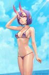  1girl arm_up bikini blue_sky blush breasts cloud cowboy_shot fate/grand_order fate_(series) halterneck hand_on_own_head horizon oni oni_horns outdoors parted_lips pointy_ears purple_bikini purple_eyes purple_hair shiny shiny_skin short_eyebrows short_hair shuten_douji_(fate/grand_order) skin-covered_horns sky small_breasts solo sunlight swimsuit twitter_username water yugen99 