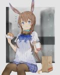  1girl absurdres amiya_(arknights) animal_ears arknights ascot bag blue_eyes blue_skirt blush brown_hair brown_legwear bunny_ears commentary cup disposable_cup eating food food_on_face grey_background hamburger highres pantyhose paper_bag pleated_skirt ryou_(ponpgo) skirt solo 