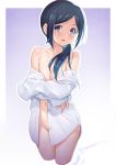  1girl :o bangs bare_shoulders black_hair blue_hair blush breasts collarbone cropped_legs gradient gradient_background gradient_hair groin highres kazuma_muramasa long_sleeves looking_at_viewer multicolored_hair naked_shirt navel no_bra no_panties off_shoulder open_clothes open_mouth open_shirt original parted_bangs purple_background purple_eyes shirt signature sleeves_past_fingers sleeves_past_wrists small_breasts solo thighs 