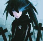  1girl asymmetrical_hair black_coat black_hair black_rock_shooter black_rock_shooter_(character) blue_eyes checkered checkered_background closed_mouth coat cross flaming_eye hair_between_eyes highres hooded_coat long_hair looking_at_viewer ly_(pixiv13839236) print_coat solo star star_print twintails upper_body 