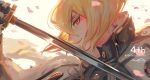  1boy androgynous blonde_hair egawa_akira hair_between_eyes higekiri_(touken_ranbu) jacket_on_shoulders katana male_focus petals red_eyes solo sword touken_ranbu weapon 