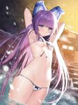  1girl animal_ears armpits arms_behind_head arms_up azur_lane bare_shoulders bikini blue_eyes blurry breasts closed_mouth fake_animal_ears front-tie_bikini front-tie_top groin highres long_hair looking_at_viewer micro_bikini monini navel purple_hair ripples small_breasts snowing solo standing stomach string_bikini swimsuit tashkent_(azur_lane) thighs very_long_hair wading water white_bikini winter 