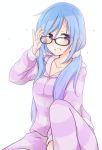  .live 1girl absurdres adjusting_eyewear black-framed_eyewear blue_hair collarbone glasses grin hair_ornament hair_scrunchie highres hooded_pajamas long_sleeves low_twintails purple_eyes scrunchie smile solo striped striped_pajamas tobi_(nekomata_homara) twintails yamato_iori 