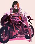  1girl absurdres adapted_costume alita alita:_battle_angel backlighting battle_angel_alita black_hair breasts brown_eyes commentary crossed_arms cyborg english_commentary facial_mark full_body highres joints leaning_forward looking_to_the_side mechanical_arms medium_breasts medium_hair motor_vehicle motorcycle on_motorcycle robot_joints short_hair solo thrusters vinne 