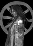  1girl absurdres armband black_background black_hair chiruchiru coat crutch greyscale highres jacket light_smile long_hair long_sleeves looking_to_the_side military military_uniform monochrome pieck shingeki_no_kyojin simple_background smile solo standing uniform wheel 