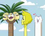  1girl :d alolan_exeggutor alolan_form black_eyes blonde_hair blue_sky blush cloud cloudy_sky creature crossover day dog face fangs gen_7_pokemon heart lesser_dog long_neck looking_at_viewer no_humans open_mouth outdoors pokemon pokemon_(creature) short_hair sky smile steven_universe tonestarr tongue tongue_out trait_connection undertale yellow_diamond_(steven_universe) yellow_eyes yellow_skin 