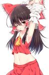  1girl ;o ahoge armpits arms_up ascot bangs blush bow commentary_request cowboy_shot detached_sleeves eyebrows_visible_through_hair frilled_bow frilled_shirt_collar frills hair_between_eyes hair_bow hakurei_reimu highres large_bow long_hair long_sleeves looking_at_viewer midriff navel one_eye_closed open_mouth rankasei red_bow red_eyes red_shirt red_skirt ribbon-trimmed_sleeves ribbon_trim shirt simple_background skirt solo stomach straight_hair touhou very_long_hair white_background white_sleeves yellow_neckwear 