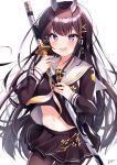  1girl :d azur_lane black_hair black_serafuku black_skirt brown_legwear commentary_request cowboy_shot gradient groin hair_ornament hairclip highres holding holding_sword holding_weapon horns katana long_hair long_sleeves looking_at_viewer midriff miniskirt navel neckerchief nenobi_(nenorium) noshiro_(azur_lane) open_mouth pantyhose pleated_skirt purple_eyes sailor_collar school_uniform serafuku sheath sheathed shirt_overhang signature simple_background skirt smile solo sword very_long_hair weapon white_background x_hair_ornament 