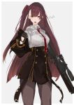  1girl black_gloves breasts bullpup girls_frontline gloves grey_background gun highres jacket_on_shoulders long_hair looking_at_viewer necktie open_mouth pantyhose purple_eyes purple_hair rifle rotalasp shirt skirt sniper_rifle solo wa2000_(girls_frontline) walther walther_wa_2000 weapon white_shirt 