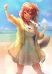  1girl :3 :d akinashe animal_ears blurry blurry_background bone_hair_ornament braid brown_hair cloud commentary_request day depth_of_field dog_ears dog_tail dress highres hololive inugami_korone lens_flare long_hair looking_at_viewer open_mouth outdoors sky smile solo standing tail twin_braids virtual_youtuber water white_dress 