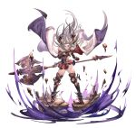  1girl ass_visible_through_thighs axe bangs boots breasts cape closed_mouth draph elbow_gloves full_body fur_trim globe gloves granblue_fantasy greaves grey_hair hair_between_eyes high_heel_boots high_heels highres holding holding_axe holding_weapon horns large_breasts long_hair looking_at_viewer red_eyes red_skirt rock skirt solo thalatha_(granblue_fantasy) thigh_boots thighhighs very_long_hair weapon wind wind_lift yu_pian 
