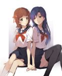  2girls amami_haruka black_legwear blue_hair blue_sailor_collar blue_skirt brown_eyes brown_hair canon_(aria) closed_mouth collarbone eye_contact green_eyes hair_ribbon hand_on_hand highres idolmaster idolmaster_(classic) kisaragi_chihaya long_hair looking_at_another miniskirt multiple_girls neckerchief pleated_skirt red_neckwear red_ribbon ribbon sailor_collar sailor_shirt school_uniform serafuku shirt short_hair sitting skirt smile straight_hair thighhighs very_long_hair white_legwear white_shirt zettai_ryouiki 