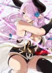  1girl asymmetrical_gloves bangs bare_shoulders black_dress black_footwear black_gloves black_legwear black_panties blue_eyes braid breasts cleavage draph dress elbow_gloves gloves granblue_fantasy hair_ornament hair_over_one_eye hews_hack highres horns katana large_breasts lavender_hair long_hair low_tied_hair narmaya_(granblue_fantasy) open_clothes open_mouth open_vest panties pointy_ears sheath short_dress single_braid single_thighhigh solo sword thigh_strap thighhighs thighs underwear vest weapon white_vest 
