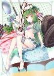  1girl a_k_1 ahoge anklet barefoot bow cookie flat_chest flower_knight_girl food full_body gloves green_bow green_headwear green_nails green_skirt hat holding holding_spoon ice_cream jewelry long_hair looking_at_viewer midriff mint mint_(flower_knight_girl) navel pocky puffy_short_sleeves puffy_sleeves short_sleeves sitting skirt smile spoon striped striped_bow thigh_strap very_long_hair white_gloves yellow_eyes 