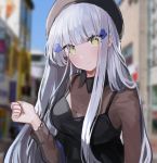  1girl absurdres beret blue_hair blush breasts cleavage clenched_hand girls_frontline green_eyes hair_ornament hat highres hk416_(girls_frontline) outdoors pn_pixi see-through solo 