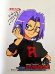  1boy glasses green_eyes headphones iwane_masaaki kojirou_(pokemon) pokemon purple_hair shirt t-shirt team_rocket 