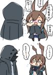  1girl 1other ? amiya_(arknights) animal_ears arknights black_legwear blush_stickers brown_hair bunny_ears flying_sweatdrops hair_between_eyes highres hood hooded_jacket jacket long_hair mask pleated_skirt ro_(aahnn) skirt tears translated 