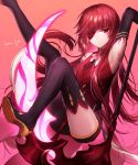  1girl absurdres armpits artist_name black_footwear black_neckwear black_sleeves boots detached_sleeves elsword eyepatch flat_chest floating_hair gradient gradient_background highres holding holding_scythe leg_up leotard long_hair long_sleeves looking_at_viewer necktie pink_background red_eyes red_hair red_leotard scythe short_necktie solo takano_jiyuu thigh_boots thighhighs very_long_hair 