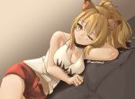  1girl armpits blonde_hair breasts character_request cleavage collar collarbone copyright_request dutch_angle looking_at_viewer lying medium_breasts midriff on_side ponytail red_shorts shorts skeptycally tank_top twitter_username 