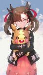  1girl :d asymmetrical_bangs bangs black_hair black_jacket commentary_request dress gen_8_pokemon grey_eyes hair_ribbon holding holding_pokemon hug hug_from_behind jacket k_futoshi_0n0 light_smile long_sleeves looking_at_viewer mary_(pokemon) medium_hair morpeko morpeko_(full_belly) open_mouth pink_dress pokemon pokemon_(creature) pokemon_(game) pokemon_swsh red_ribbon ribbon smile twintails 