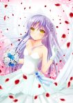  1girl angel_beats! angel_wings bangs blue_flower blue_rose blurry_foreground blush bouquet breasts chibinon cleavage closed_mouth collarbone dress eyebrows_visible_through_hair feathered_wings floating_hair flower gloves hair_between_eyes highres holding holding_bouquet long_dress long_hair looking_at_viewer motion_blur rose shiny shiny_hair silver_hair sleeveless sleeveless_dress small_breasts smile solo standing strapless strapless_dress tenshi_(angel_beats!) very_long_hair wedding_dress white_dress white_flower white_gloves white_rose white_wings wings yellow_eyes 