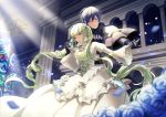  blue_eyes blue_hair building cantarella_(vocaloid) dress flowers gloves green_eyes green_hair hatsune_miku kaito male nokuhashi petals rose vocaloid 