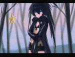  1girl asymmetrical_hair bangs belt bikini bikini_top black_bikini black_coat black_gloves black_hair black_rock_shooter black_rock_shooter_(character) black_shorts blue_eyes blurry blurry_background closed_mouth coat cowboy_shot flat_chest forest front-tie_bikini front-tie_top gloves grey_belt hair_between_eyes highres hooded_coat long_hair ly_(pixiv13839236) nature open_clothes open_coat scar shiny shiny_hair short_shorts shorts solo standing star star_print swimsuit twintails unzipped very_long_hair 