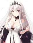  1girl bangs bare_shoulders black_collar blush breasts cleavage closed_mouth collar collarbone commentary_request dress eyebrows_visible_through_hair girls_frontline grey_hair hair_between_eyes hair_ribbon highres iron_cross jewelry kar98k_(girls_frontline) keenh long_hair medium_breasts off-shoulder_dress off_shoulder petals red_eyes ribbon ring see-through signature simple_background smile solo tiara veil very_long_hair wedding_band white_background white_dress white_ribbon 