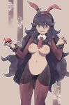  1girl ahoge al_bhed_eyes animal_ears bags_under_eyes breasts bunny_ears fake_animal_ears hex_maniac_(pokemon) highres holding holding_poke_ball inverted_costume lamb-oic029 long_hair looking_at_viewer medium_breasts messy_hair nail_polish navel necktie nipples open_mouth poke_ball poke_ball_(generic) pokemon purple_eyes purple_nails red_neckwear revealing_clothes reverse_bunnysuit shrug_(clothing) solo standing very_long_hair 